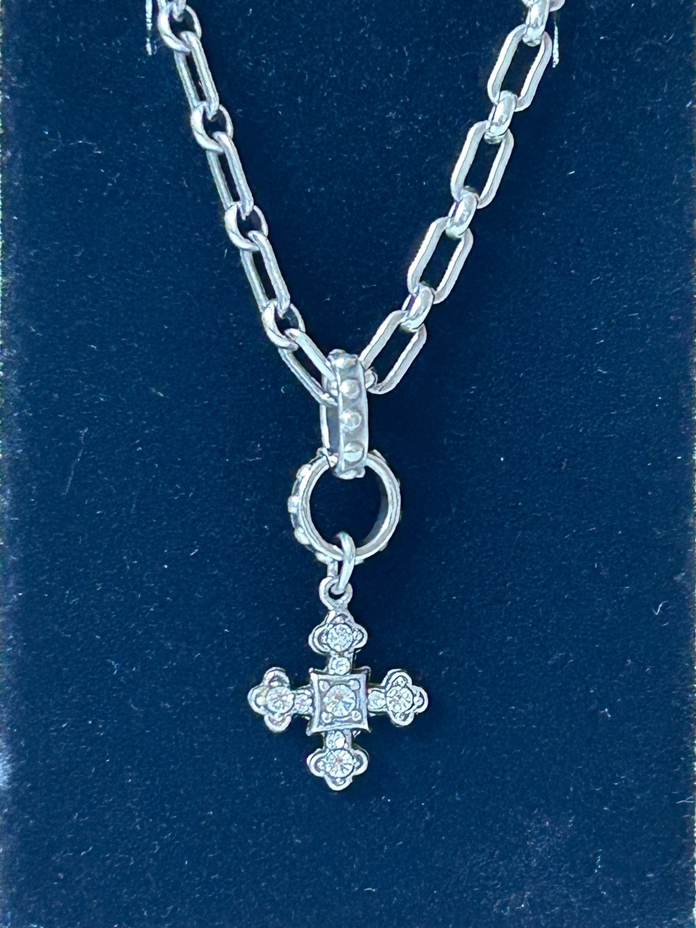 16" Cross Charm Silver and Rhinestone Chunky Necklace
